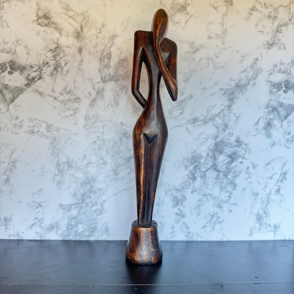 Abstract Wood Carving Sculpture, Thinking Woman Figurine, Modern Art Decor